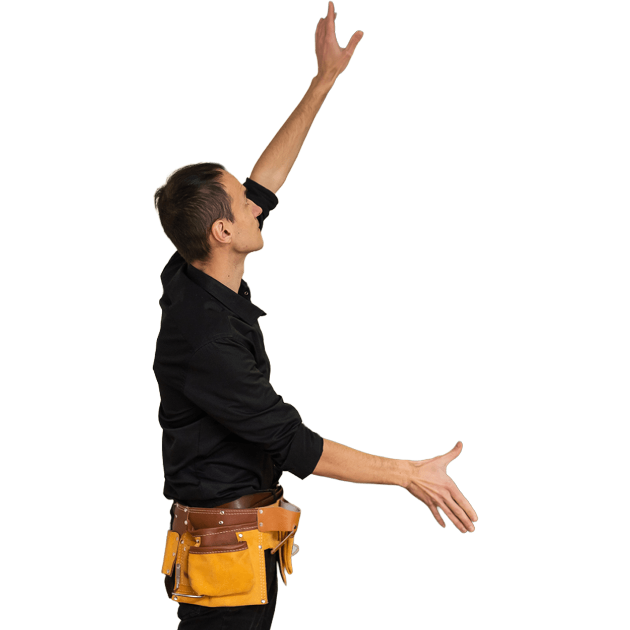 A guy builder in uniform and safety belt points to the side on a Isolated transparent background.