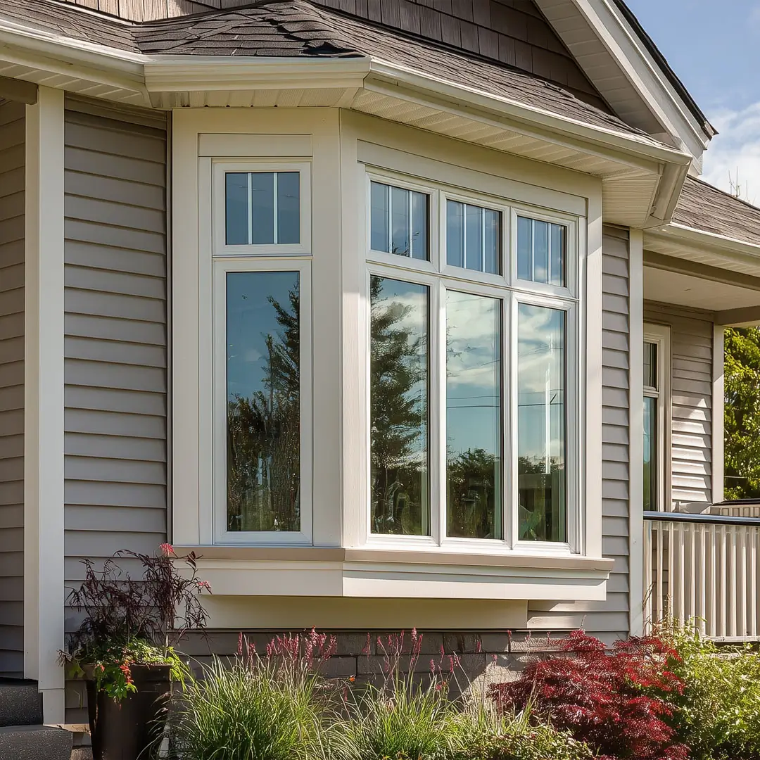 Exterior home renovation scene showing a bay window and siding repair, implying window replacement, trim work, and curb appeal upgrade.