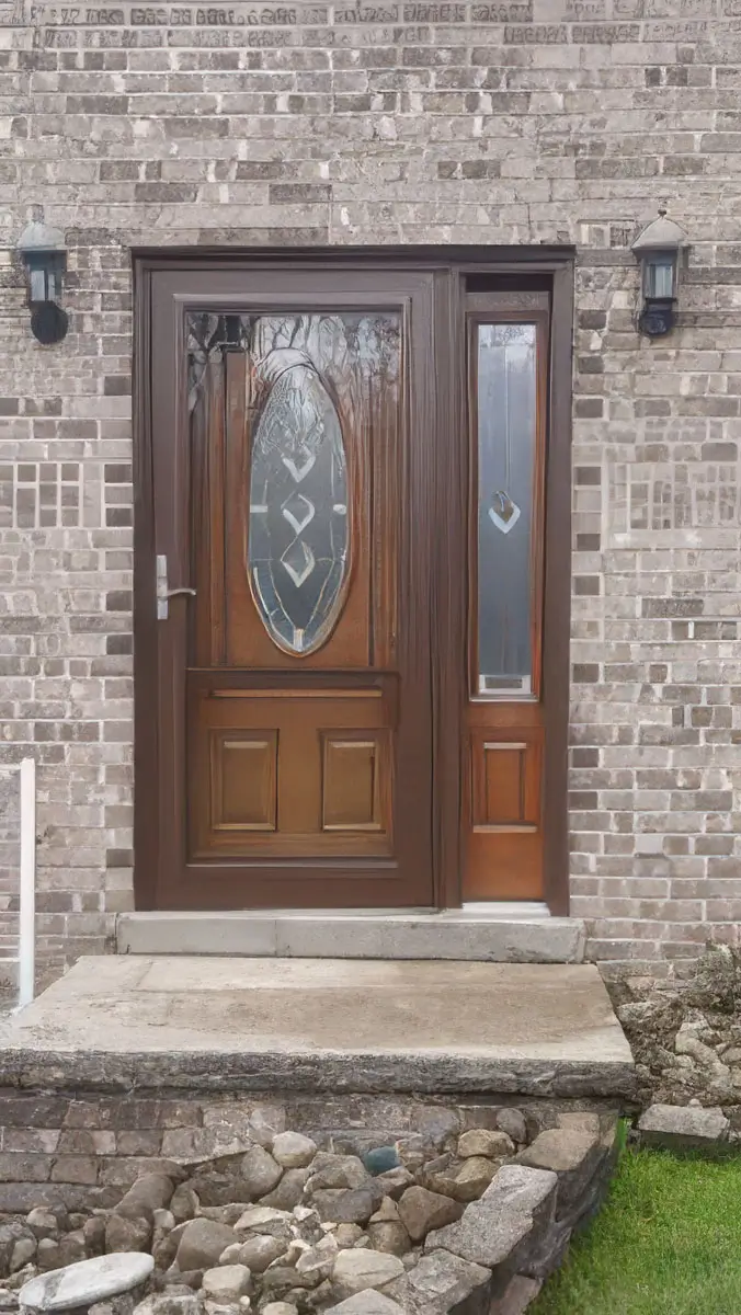 A brown wood and glass front door with an oval window and side panel on a brick house, with two wall-mounted lights and a concrete step leading to the entrance.