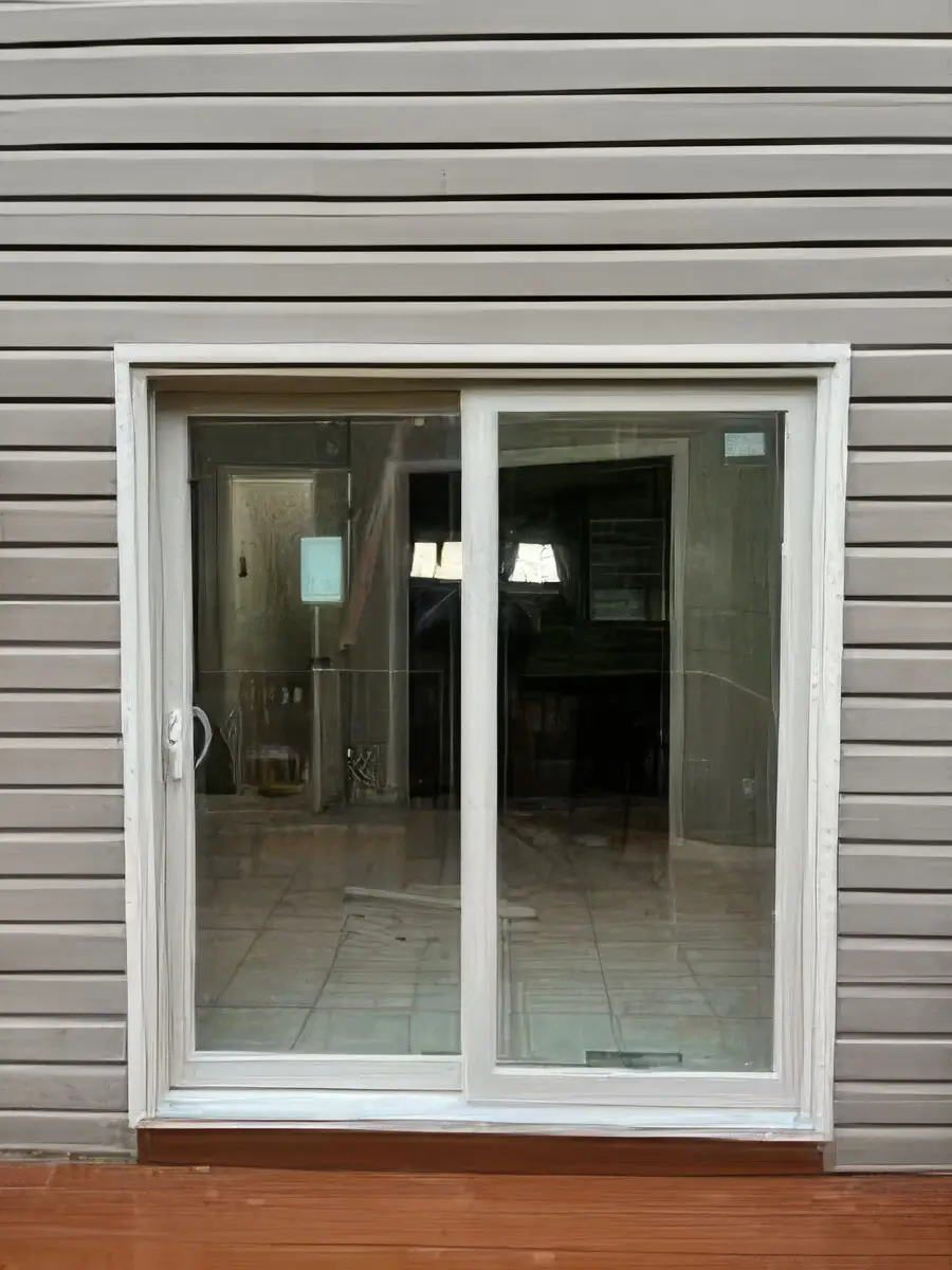 A white-framed sliding glass door set in a gray vinyl-sided wall, reflecting the interior room and exterior surroundings.