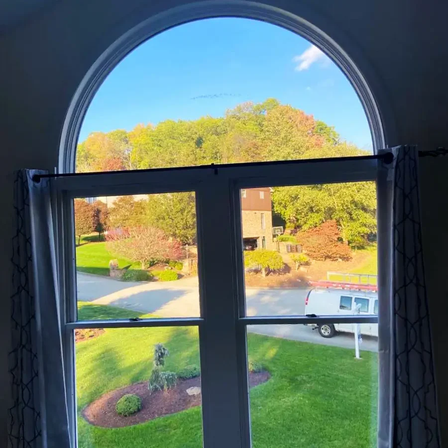 A window view from the inside of the home of the front yard during the day.