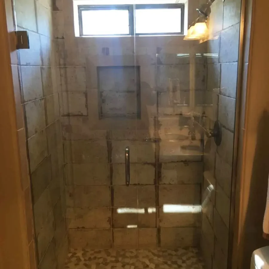 Interior of a modern walk-in shower with tile backsplash.